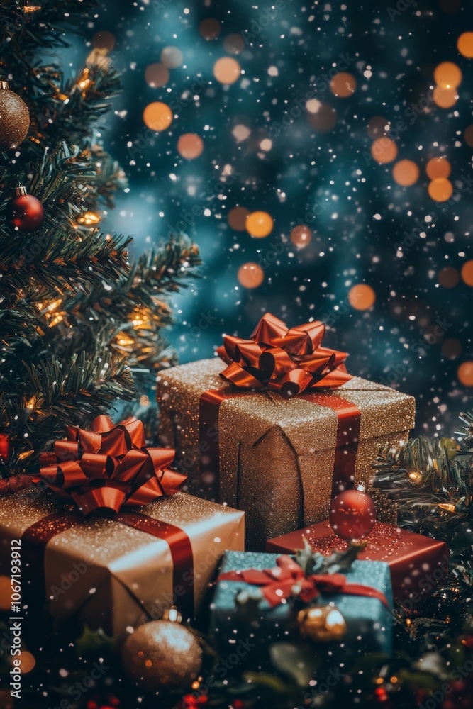 Christmas presents wrapped in golden and red ribbons, set under a glowing Christmas tree. A festive holiday scene with bokeh lights and snowfall, creating a magical cozy atmosphere. Christmas presents wrapped in golden and red ribbons, set under a glowing Christmas tree. A festive holiday scene with bokeh lights and snowfall, creating a magical cozy atmosphere.