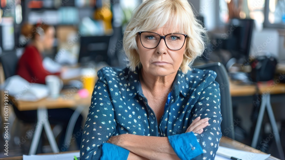 Confident businesswoman in her 40s with crossed arms, poised in professional office setting Confident businesswoman in her 40s with crossed arms, poised in professional office setting