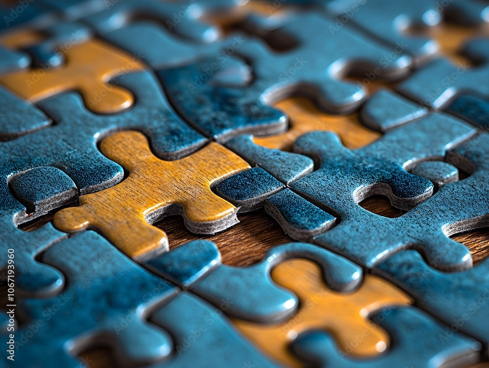 Close-up of interlocking puzzle pieces in blue and orange shades on a wooden surface. Close-up of interlocking puzzle pieces in blue and orange shades on a wooden surface.
