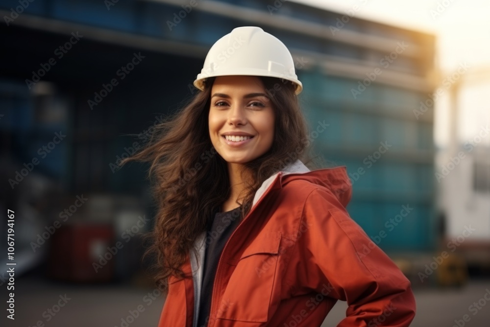 Portrait of a confident woman with reflective vest on dock Portrait of a confident woman with reflective vest on dock