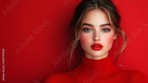 Woman in a red sweater on a bright red background, her makeup highlighting red lips and soft cheeks. Modern and vibrant holiday portrait.