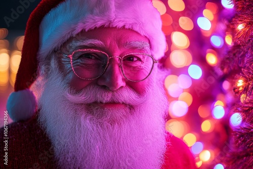 Santa Claus smiling warmly with festive lights in the background. A joyful holiday scene with colorful bokeh, embodying the Christmas spirit.