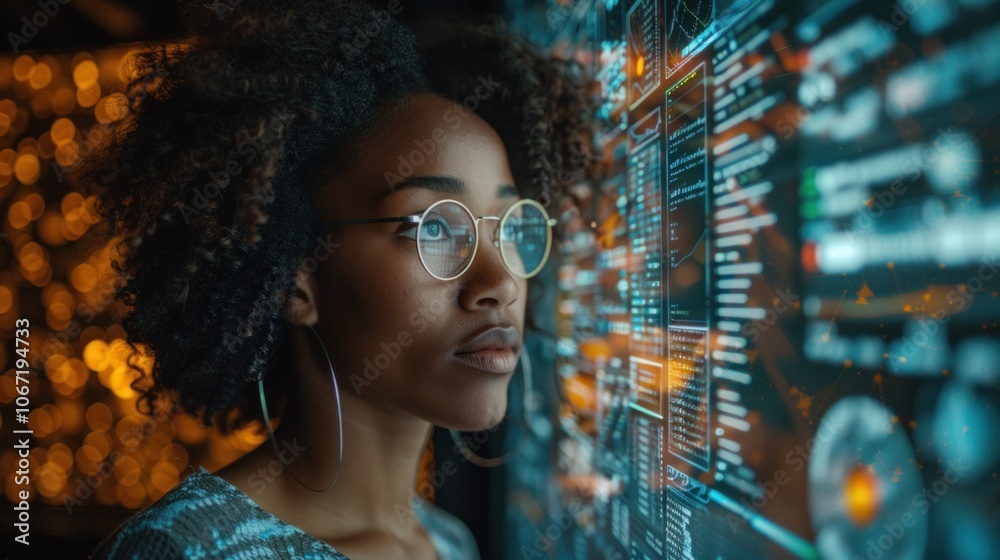 Woman analyzing futuristic data on high-tech digital screen in modern setting Woman analyzing futuristic data on high-tech digital screen in modern setting