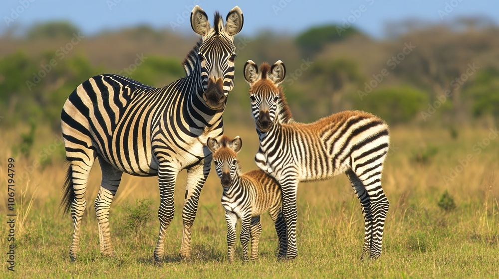 Mother zebra with young foals in African savanna, displaying natural parental care and protection in their native grassland habitat Mother zebra with young foals in African savanna, displaying natural parental care and protection in their native grassland habitat