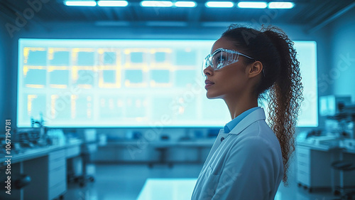 Scientist in a Laboratory Observing Data Analysis at Dusk With a Digital Display. Generative AI