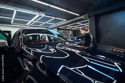Fotografie Technician polishing the car windshield