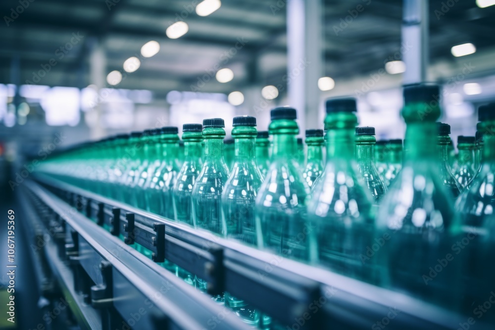 Line of plastic bottles on a assembly line Line of plastic bottles on a assembly line
