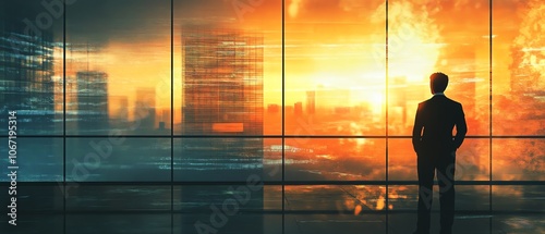 Design a sleek digital artwork showcasing a businessperson looking out of an office window, symbolizing Rear View Motivation Enhance reflections and urban details