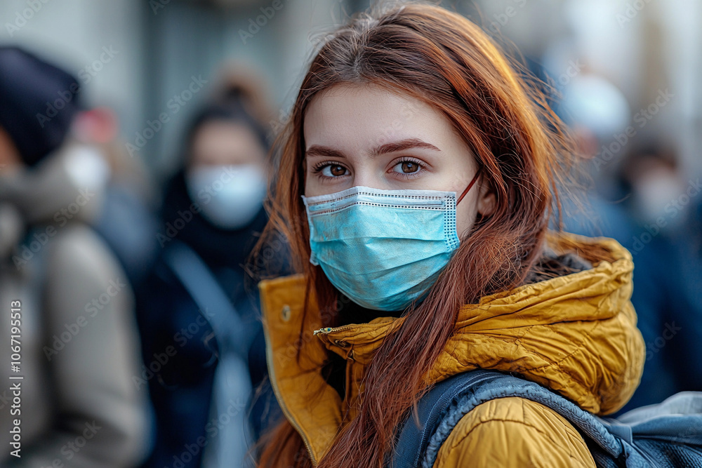 Young woman wearing a mask in a crowded urban setting during daytime Young woman wearing a mask in a crowded urban setting during daytime