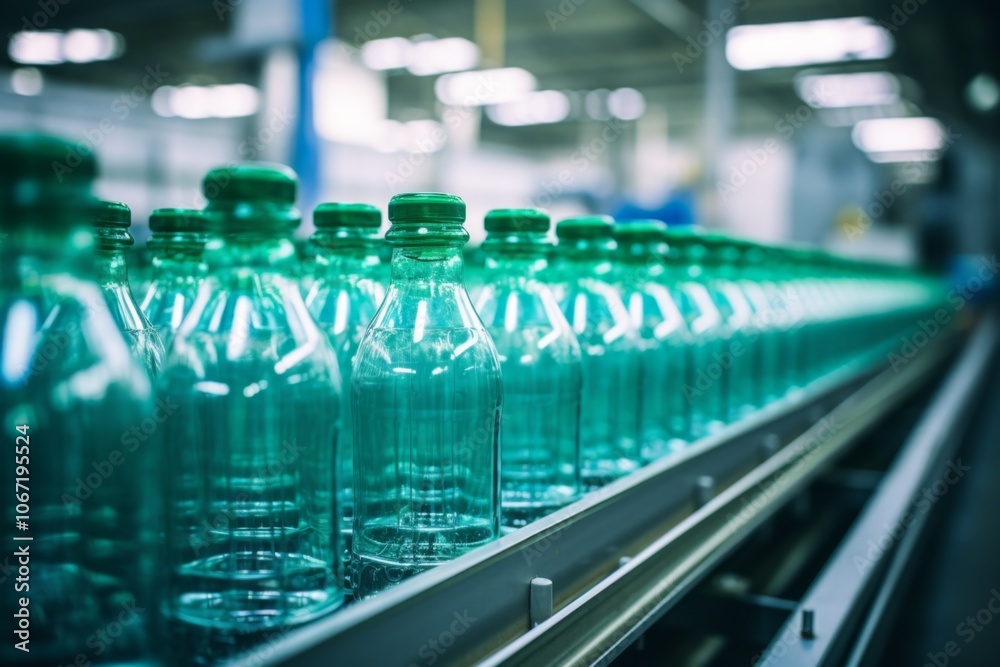 Line of plastic bottles on a assembly line Line of plastic bottles on a assembly line
