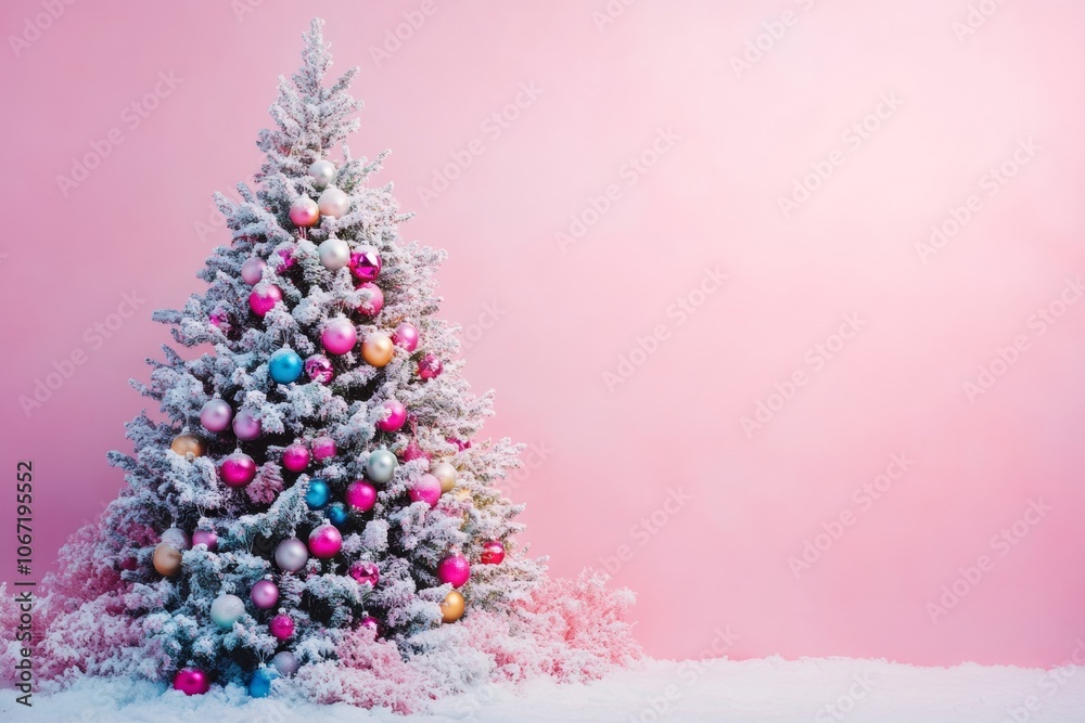 Full Christmas tree decorated with pink, silver, and white baubles, set against a pink background. Bright and cheerful holiday scene, perfect for cards and banners. Full Christmas tree decorated with pink, silver, and white baubles, set against a pink background. Bright and cheerful holiday scene, perfect for cards and banners.