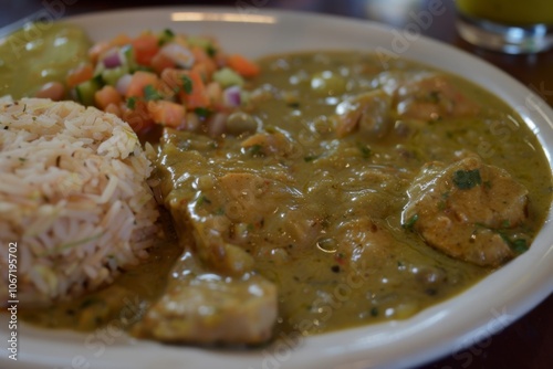 Enchiladas verdes with a side of rice and beans photo