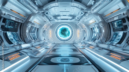 Design a wide-angle view of a futuristic spaceship interior, showcasing advanced technology and sleek, innovative problem-solving features