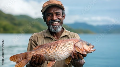 A smiling fisherman proudly holds a large fish by the water, surrounded by lush greenery and mountains under a cloudy sky.