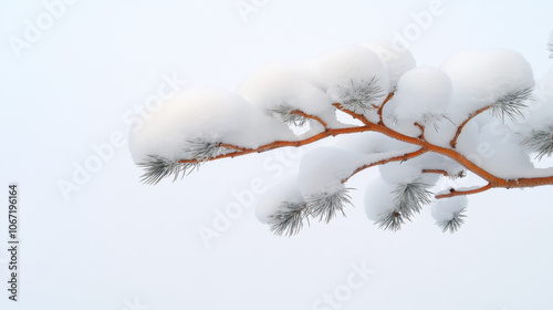 Snow laden branches of tall pine tree against serene winter sky create peaceful scene photo