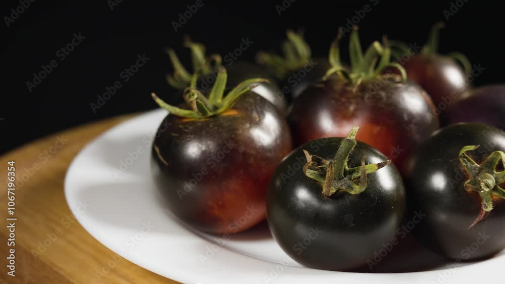Ripe tomatoes in a white plate on a black background. Black tomatoes. Cumato tomatoes. Ripe tomatoes in a white plate on a black background. Black tomatoes. Cumato tomatoes.