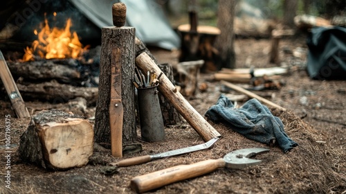 Bushcraft Camping - Rustic campsite with bushcraft gear and tools, capturing the rugged side of camping.