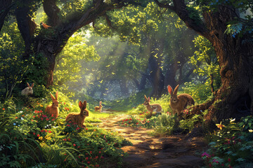 Enchanted forest scene with whimsical rabbits and magical atmosphere