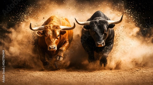 A Stunning Showdown: A Dramatic Clash Between a Bull and a Bear Amidst a Dusty Atmosphere. Stock Market Fail Concept