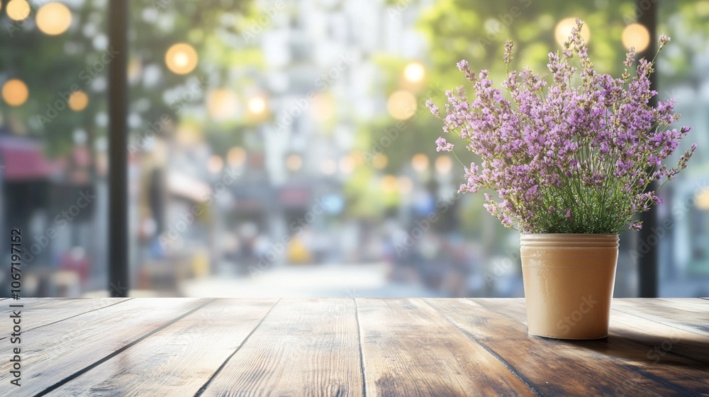 Lavender plant in ceramic pot on rustic wooden table, blurred city street background with soft bokeh lights, creating serene urban ambiance. Lavender plant in ceramic pot on rustic wooden table, blurred city street background with soft bokeh lights, creating serene urban ambiance.
