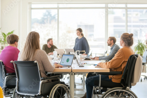 A diverse group of professionals in a modern business meeting, including individuals using wheelchairs, collaborating in a bright office space with laptops and charts.