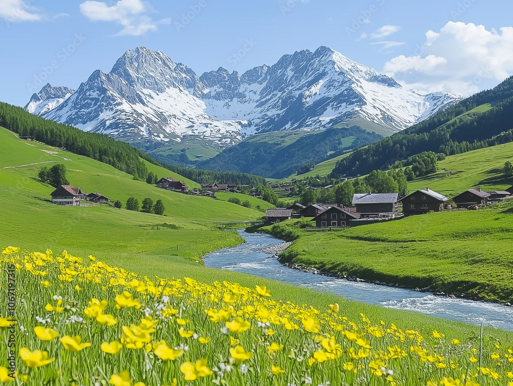 Obraz premium Alpine Meadow Serenity: A breathtaking panorama of verdant meadows, a winding river, and snow-capped peaks, capturing the essence of alpine tranquility. 