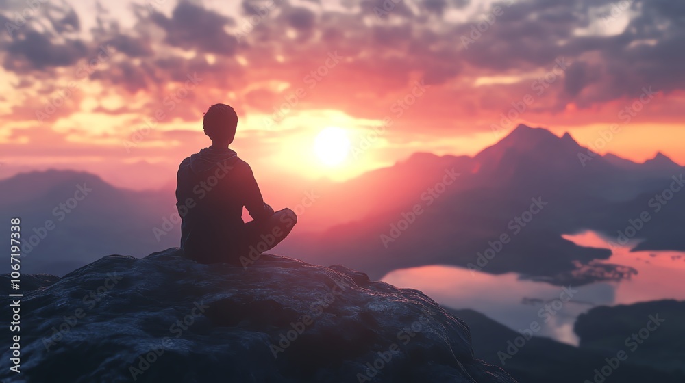Illustrate a striking 3D CG silhouette of a person gazing out at a breathtaking landscape, highlighting the theme of Rear View Motivation Engage depth of field Illustrate a striking 3D CG silhouette of a person gazing out at a breathtaking landscape, highlighting the theme of Rear View Motivation Engage depth of field