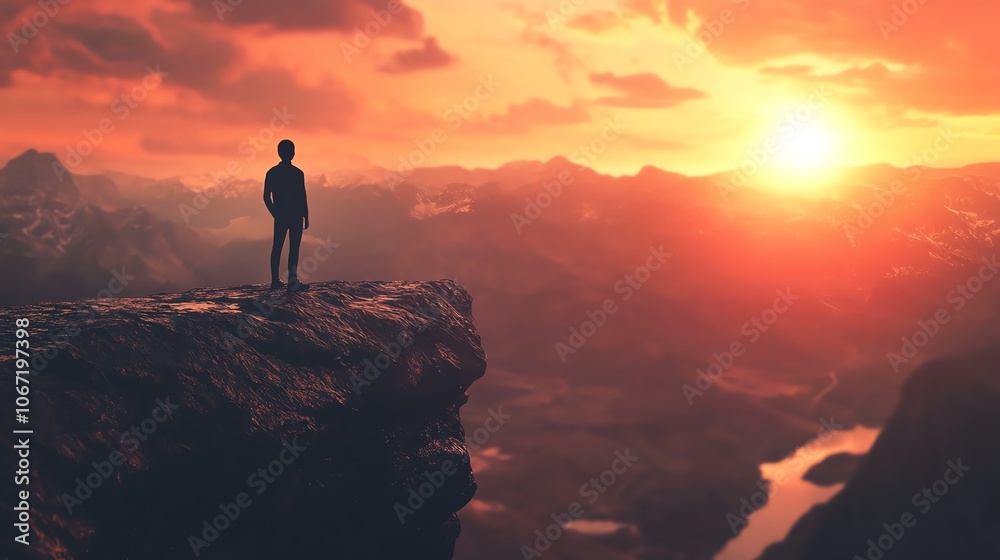 Illustrate a striking 3D CG silhouette of a person gazing out at a breathtaking landscape, highlighting the theme of Rear View Motivation Engage depth of field Illustrate a striking 3D CG silhouette of a person gazing out at a breathtaking landscape, highlighting the theme of Rear View Motivation Engage depth of field