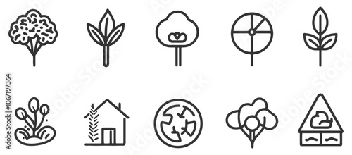 A black and white climate action vector icon set, featuring clean, minimalist line designs representing environmental conservation and sustainability themes. Ideal for eco friendly projects. photo