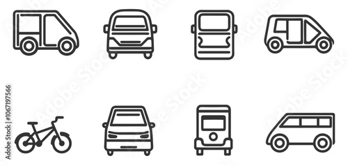 A black and white vector line icon set focused on sustainable transportation, highlighting eco-friendly modes of travel such as cycling, electric vehicles, and public transport.