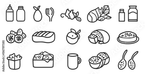 A black and white vector line icon set featuring various vegan food products, including fruits, vegetables, plant-based meals, and dairy alternatives.