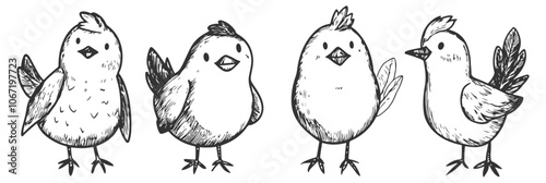Set of cute hand-drawn birds in line art style, featuring chicks, ideal for creative projects, illustrations, and playful designs.