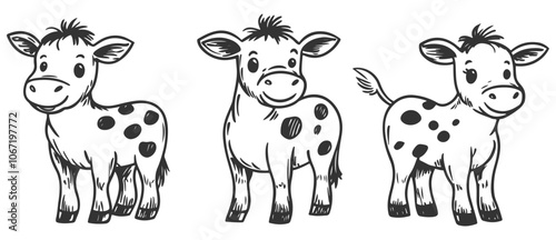 Set of adorable hand-drawn cows and calves in line art style, showcasing charming and simplistic farm animals, ideal for illustrations and designs.