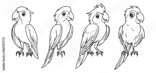 Set of adorable hand-drawn parrots in line art style, featuring detailed vector illustrations of vibrant birds, ideal for creative projects and designs. photo