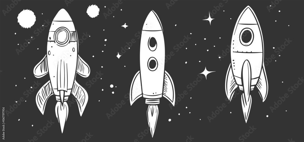 Whimsical set of hand-drawn cartoon space rockets in vector style, ideal for creative designs and playful illustrations. Whimsical set of hand-drawn cartoon space rockets in vector style, ideal for creative designs and playful illustrations.