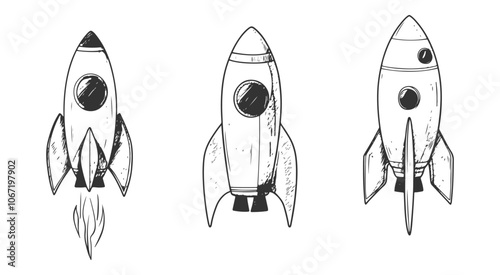 Illustrated set of hand-drawn space rockets in a cartoon style, ideal for vector icons or logos.