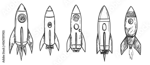 Playful hand-drawn cartoon space rockets in vector style, perfect for fun and imaginative designs.