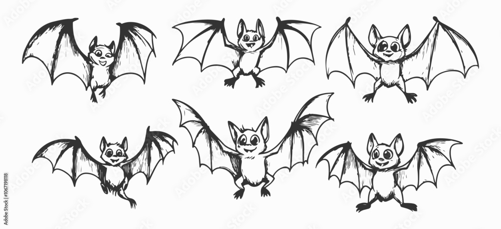 Fototapeta premium Set of cute hand-drawn bats in line art vector style, featuring charming and simple bat icons, ideal for Halloween-themed designs, logos, or illustrations.