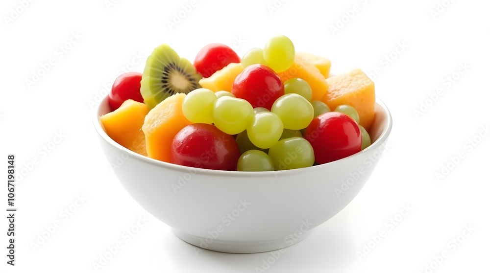 White bowl of fresh fruit salad isolated on white background. Healthy summer meal White bowl of fresh fruit salad isolated on white background. Healthy summer meal