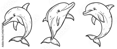 Set of cute hand-drawn dolphins in line art vector style, featuring playful and joyful poses, ideal for ocean-themed designs, marine logos, and aquatic illustrations. photo