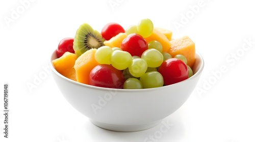 White bowl of fresh fruit salad isolated on white background. Healthy summer meal