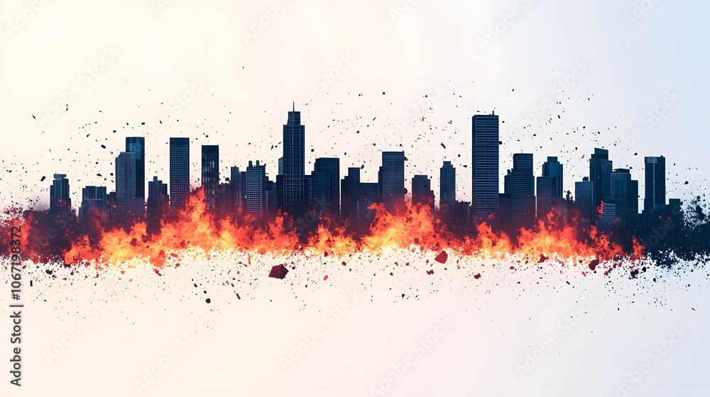 A Stunning Metro Skyline Consumed by Flames and Chaos: A Dramatic Urban Landscape Erupts. Stock Market Fail Concept A Stunning Metro Skyline Consumed by Flames and Chaos: A Dramatic Urban Landscape Erupts. Stock Market Fail Concept