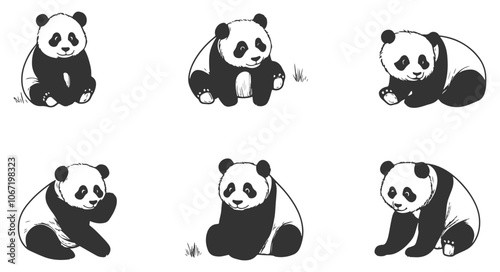 Set of delightful hand-drawn pandas in line art vector style, depicting these charming animals in playful poses. Ideal for wildlife, nature, and animal designs. photo