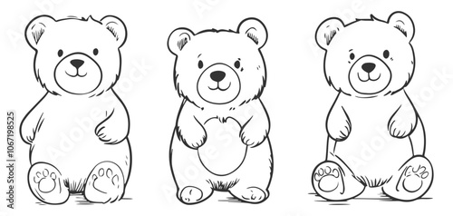 Set of lovable hand-drawn bears in line art vector style, showcasing an endearing bear cub icon, perfect for nature-inspired designs, wildlife graphics, and animal-themed projects.