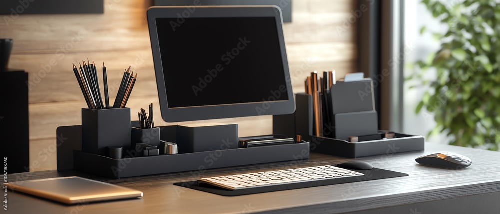 Produce a modern, sleek desk organizer, digitally rendered in striking monochrome Produce a modern, sleek desk organizer, digitally rendered in striking monochrome