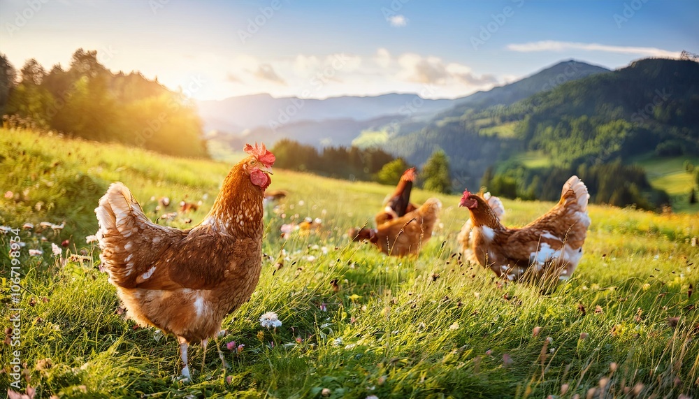 Fototapeta premium farm hens or chicken, grass field background, Fresh and Relax concept. For montage product display or design key visual layout. View of copy space