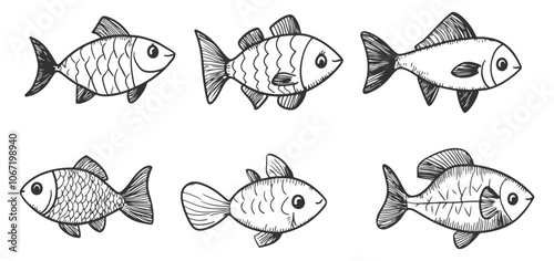 Set of sweet hand-drawn fish in line art style, created as vector icons. These fish have a cute and simplistic design, perfect for use in various creative projects.