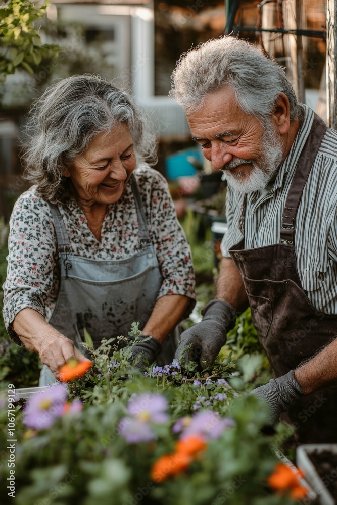 Elderly couple gardening together in their backyard, planting flowers and smiling, with a sense of teamwork and enjoyment in the fresh outdoor air Elderly couple gardening together in their backyard, planting flowers and smiling, with a sense of teamwork and enjoyment in the fresh outdoor air