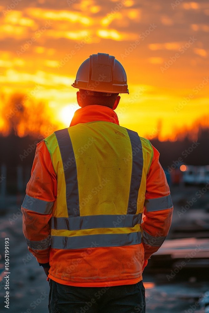 End of the workday with the construction worker admiring the progress made, End of the workday with the construction worker admiring the progress made,