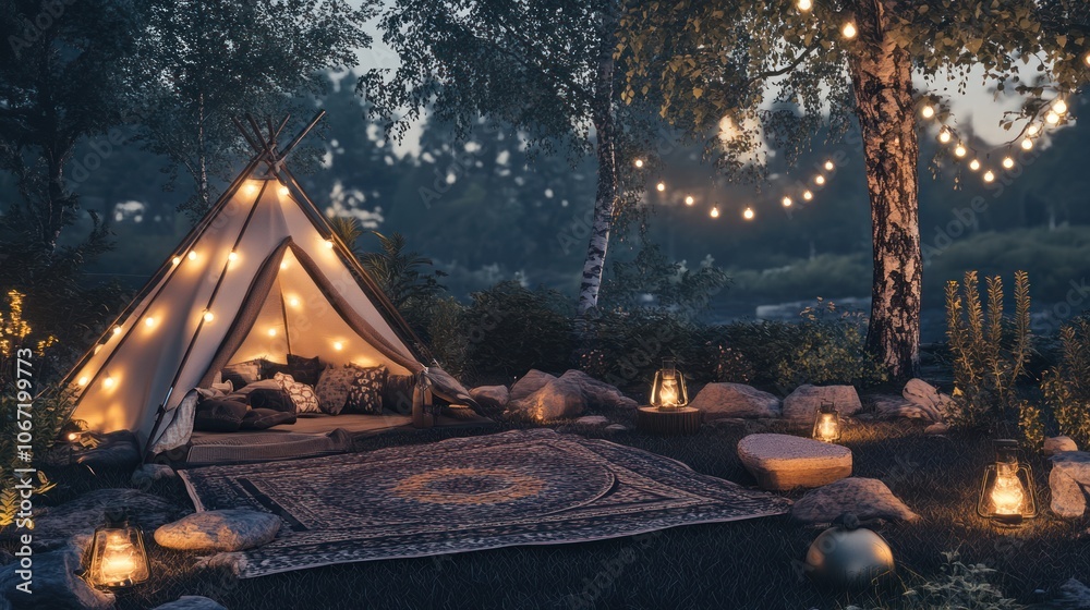Fototapeta premium Campsite Decor - Beautifully decorated campsite with lights and cozy details, perfect for an inviting outdoor retreat.